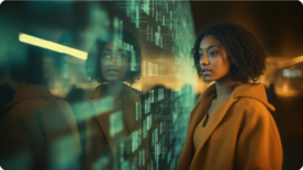 Mulher olhando os dados na tela do computador.