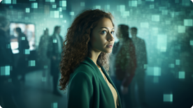 Mulher em meio a imagens de vultos