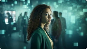 Mulher em meio a imagens de vultos